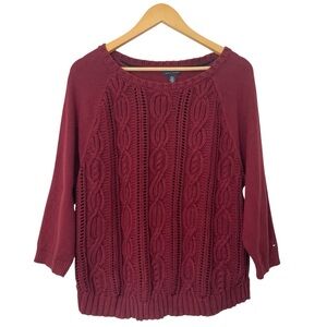 Tommy Hilfiger Cable Knit Sweater Burgundy Red Classic Preppy Academia L/XL